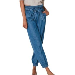 Cleobella Blue Denim Paperbag Waist Joggers Womens Medium Tie Waist Elastic Cuff